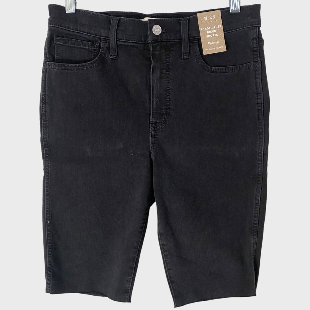 Madewell Road Tripper Denim Biker Shorts Black Women's 28 High-Rise Raw-Hem New
